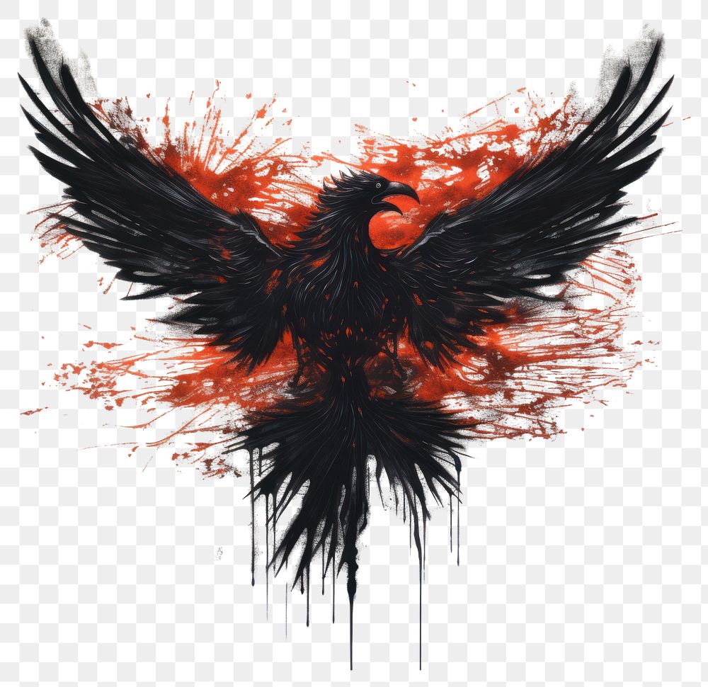 PNG A phoenix rising with its feathers turning into smoke blackbird painting design.