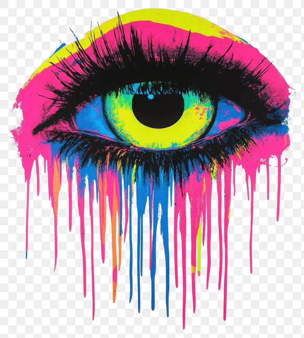 PNG An eye with dripping paint in vibrant neon hues design art illustration.