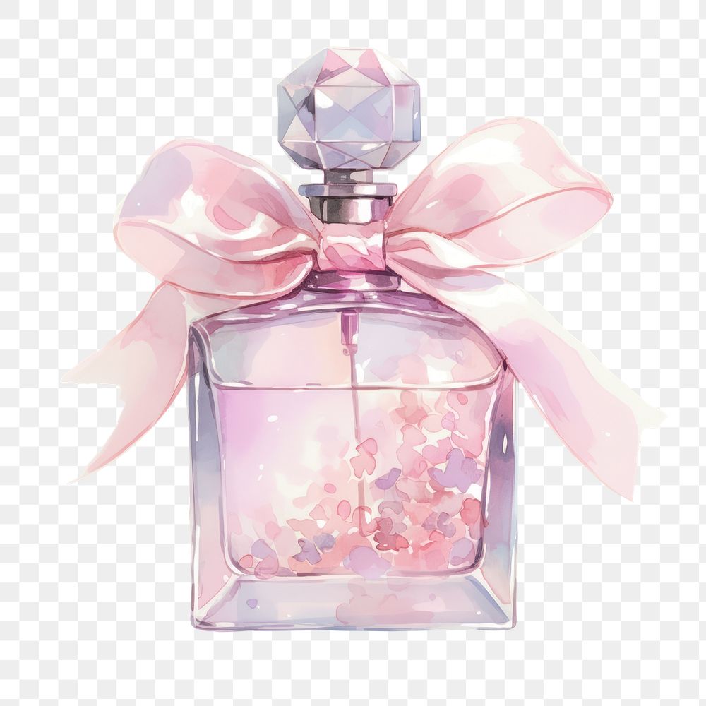 PNG A perfume bottle tied with ribbon watercolor pink art.