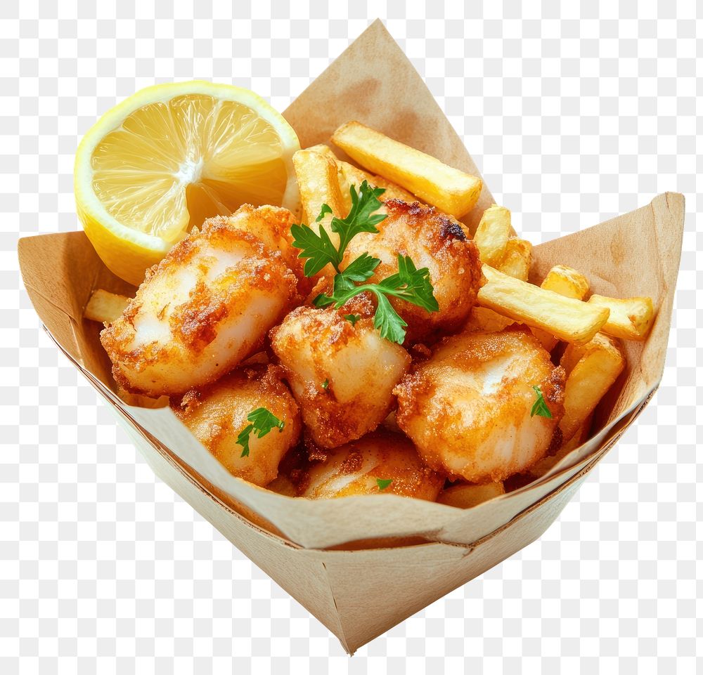 PNG Sea Scallop deep fried basket with fries and lemon appetizing container delicious.