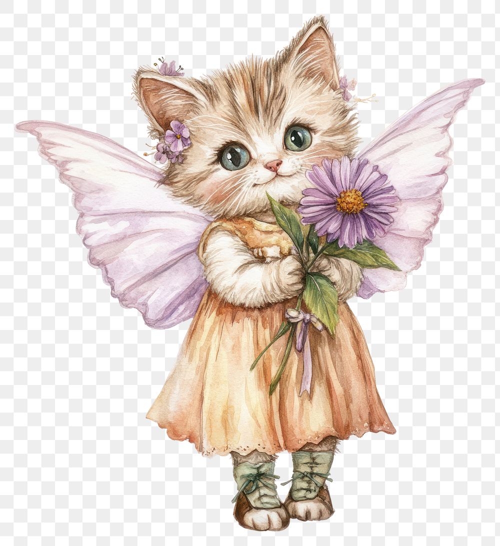 PNG A chubby cat with fairy wing wearing cute dress carry a purple flower art illustration watercolor.