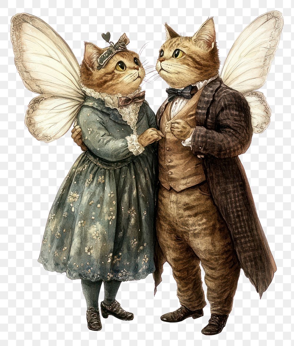 PNG A chubby cat with fairy wing couple looking at each other cats illustration clothing.