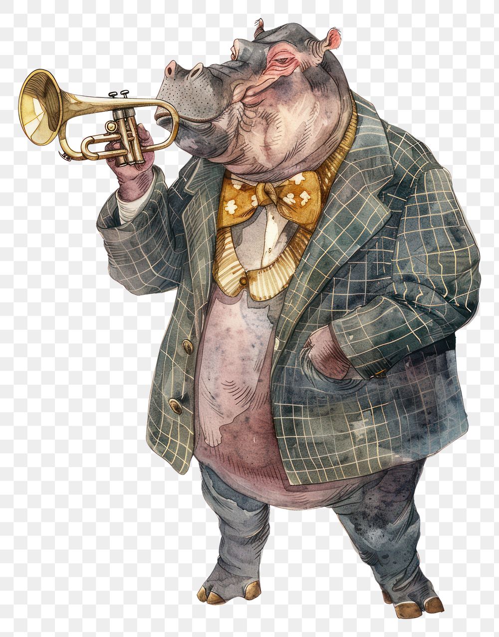 PNG Hippo playing trumpet watercolor illustration clothing hippo.