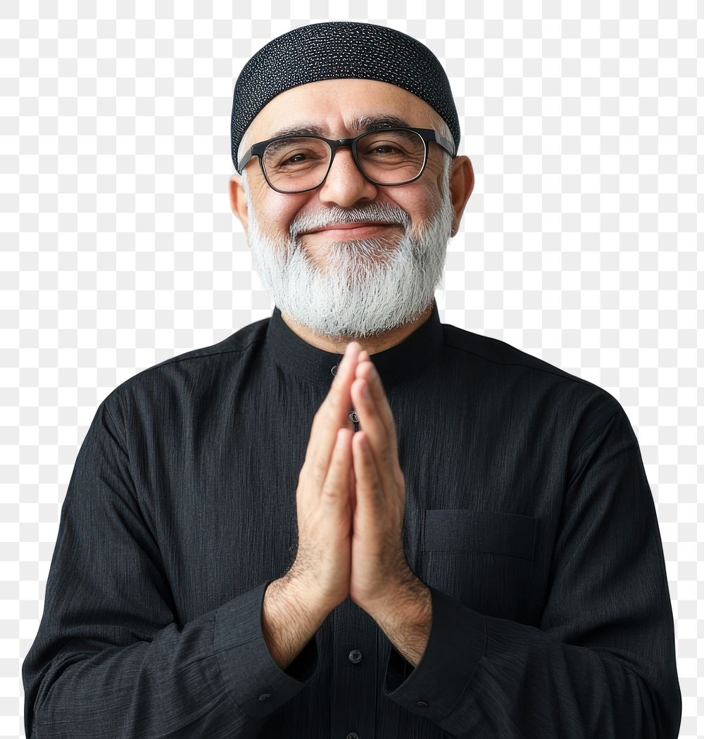 PNG Muslim mature man clapping glasses happy white.