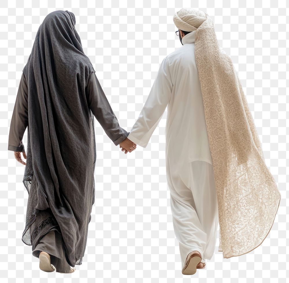 PNG Muslim couple holding hands clothing back togetherness.