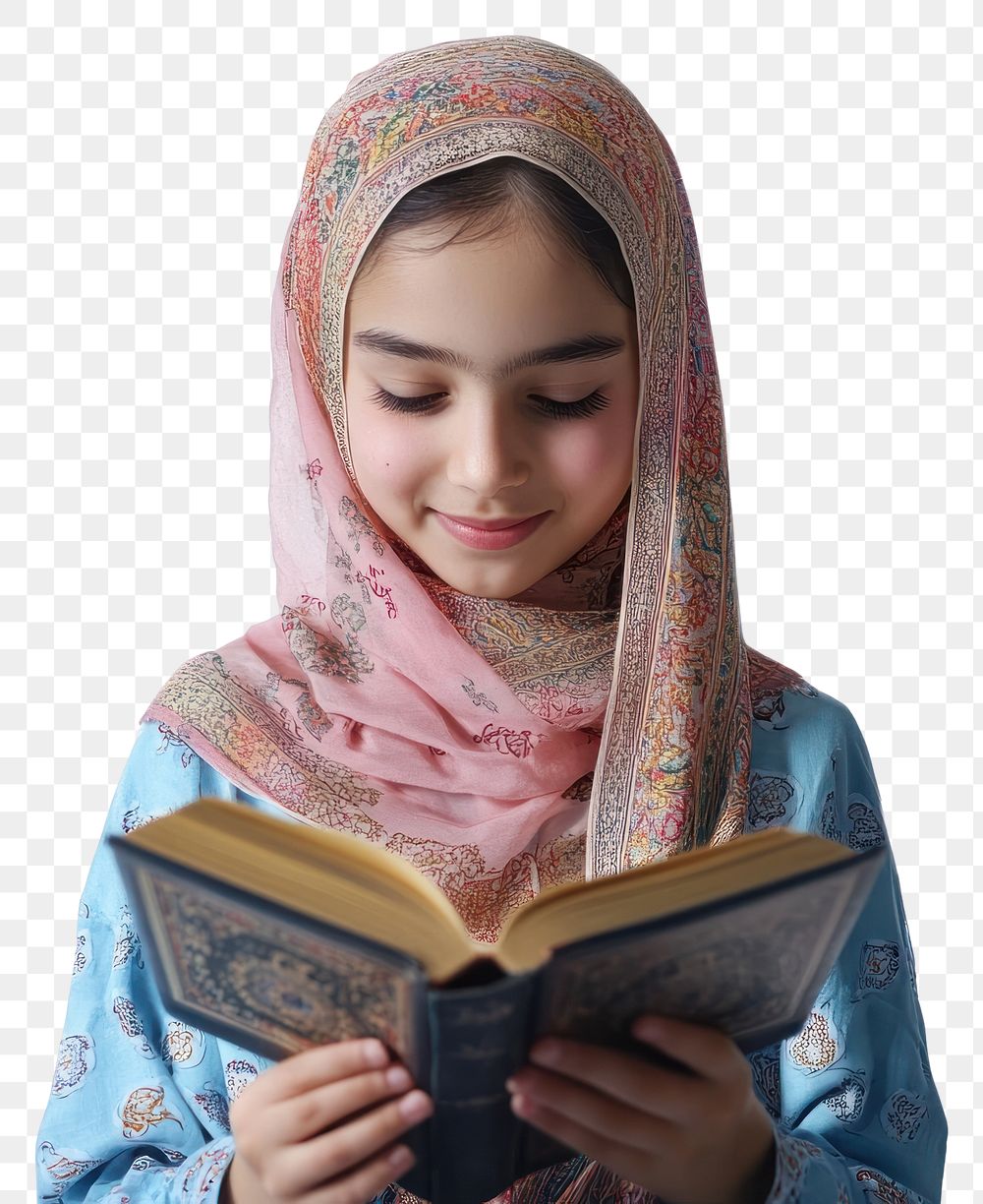 PNG Muslim girl reading quran clothing happy book.