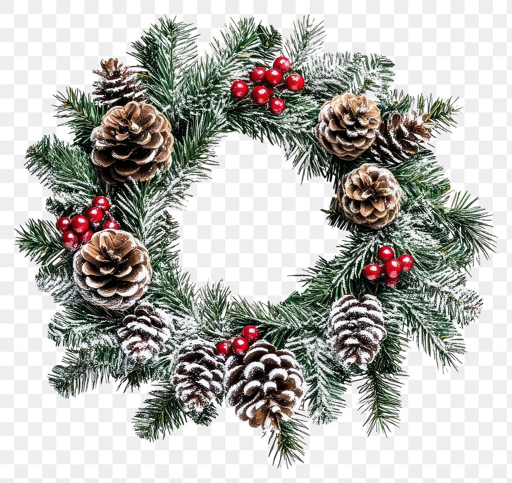 PNG A Christmas wreath with pine cone and christmas cherry and snowy decoration christmas decorations evergreen.