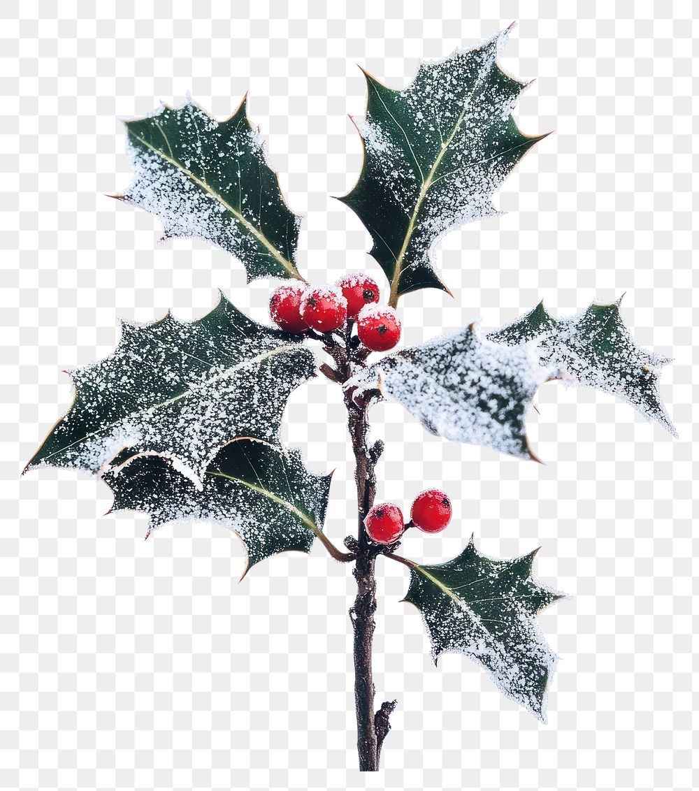 PNG A festive snowy Christmas Holly leaves with christmas red berry nature decoration berries.