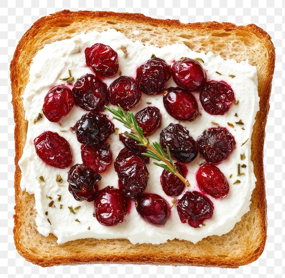 PNG A toasted bread with cream cheese and roasted cranberry food photography background.