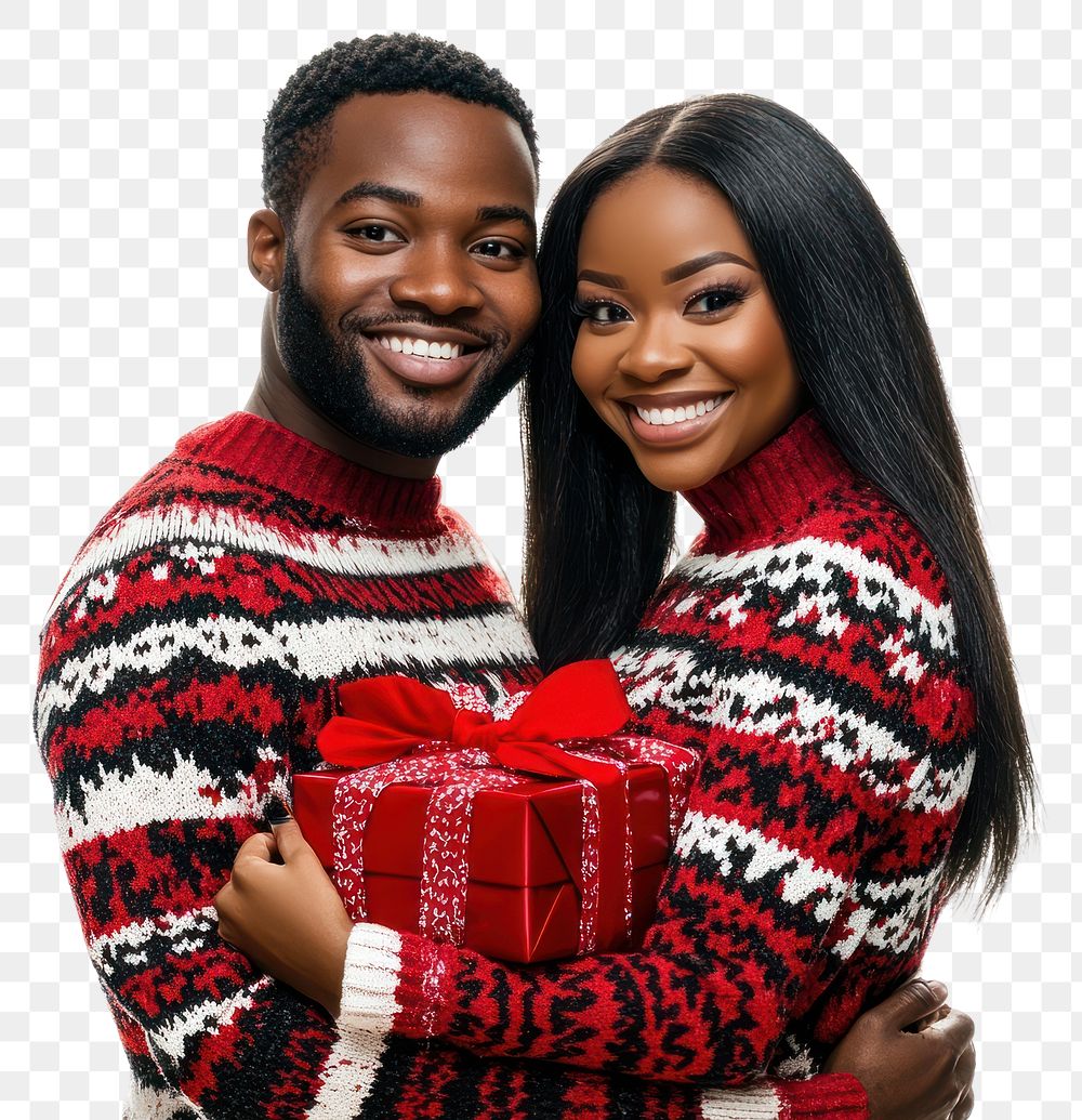 PNG An african american couple wearing christmas sweater carry christmas gifts sweaters happy holiday.