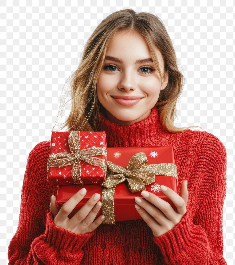 PNG An american woman wearing red sweater carry christmas gifts holiday happy accessories.