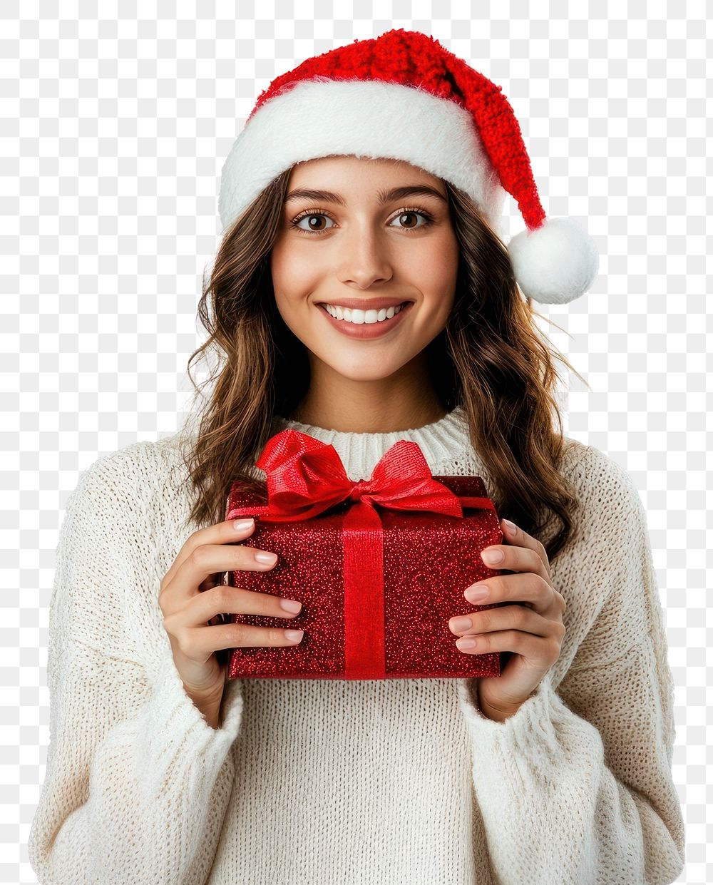 PNG An american woman carry a christmas gift happy background sweater.