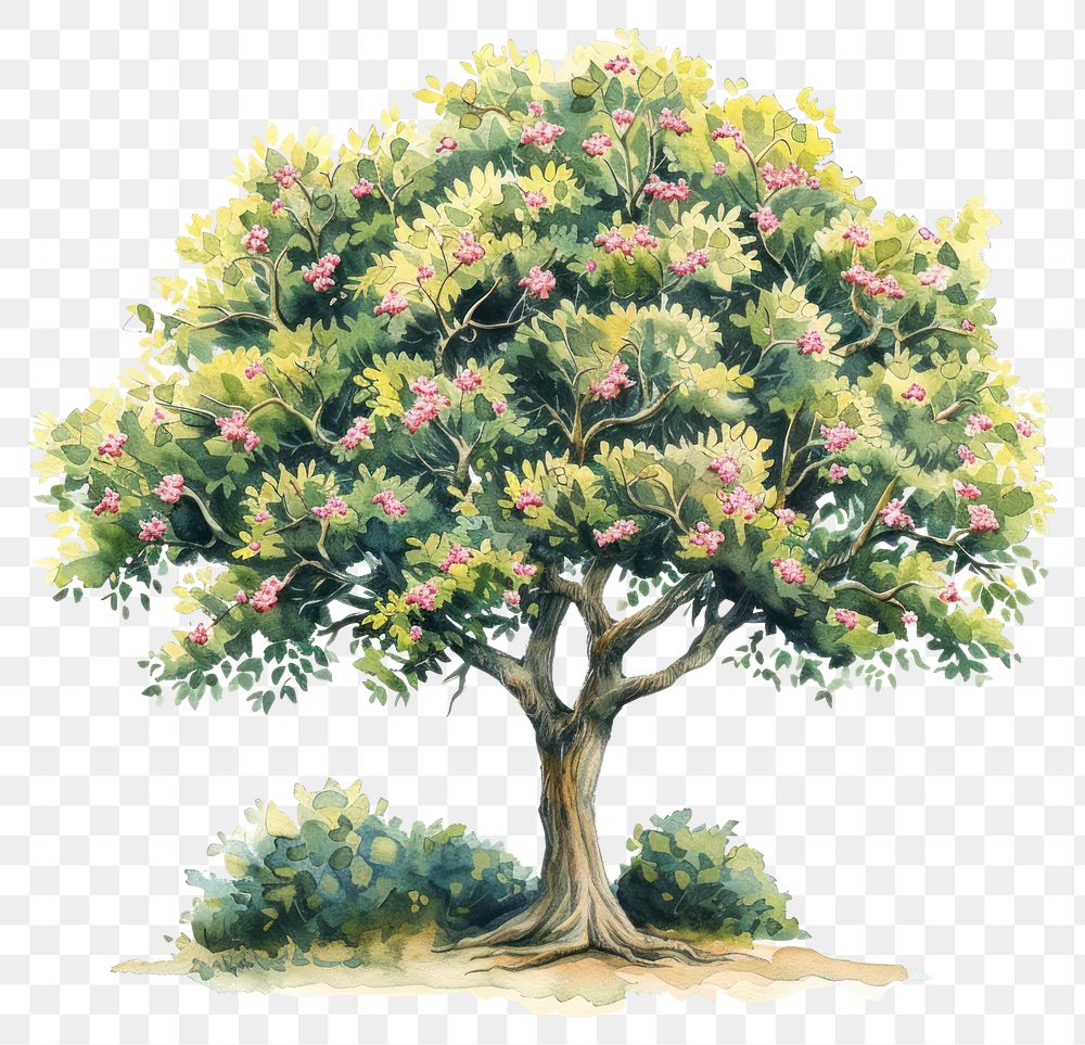 PNG An isolated big tree with pink flowers full of tree art illustration watercolor.