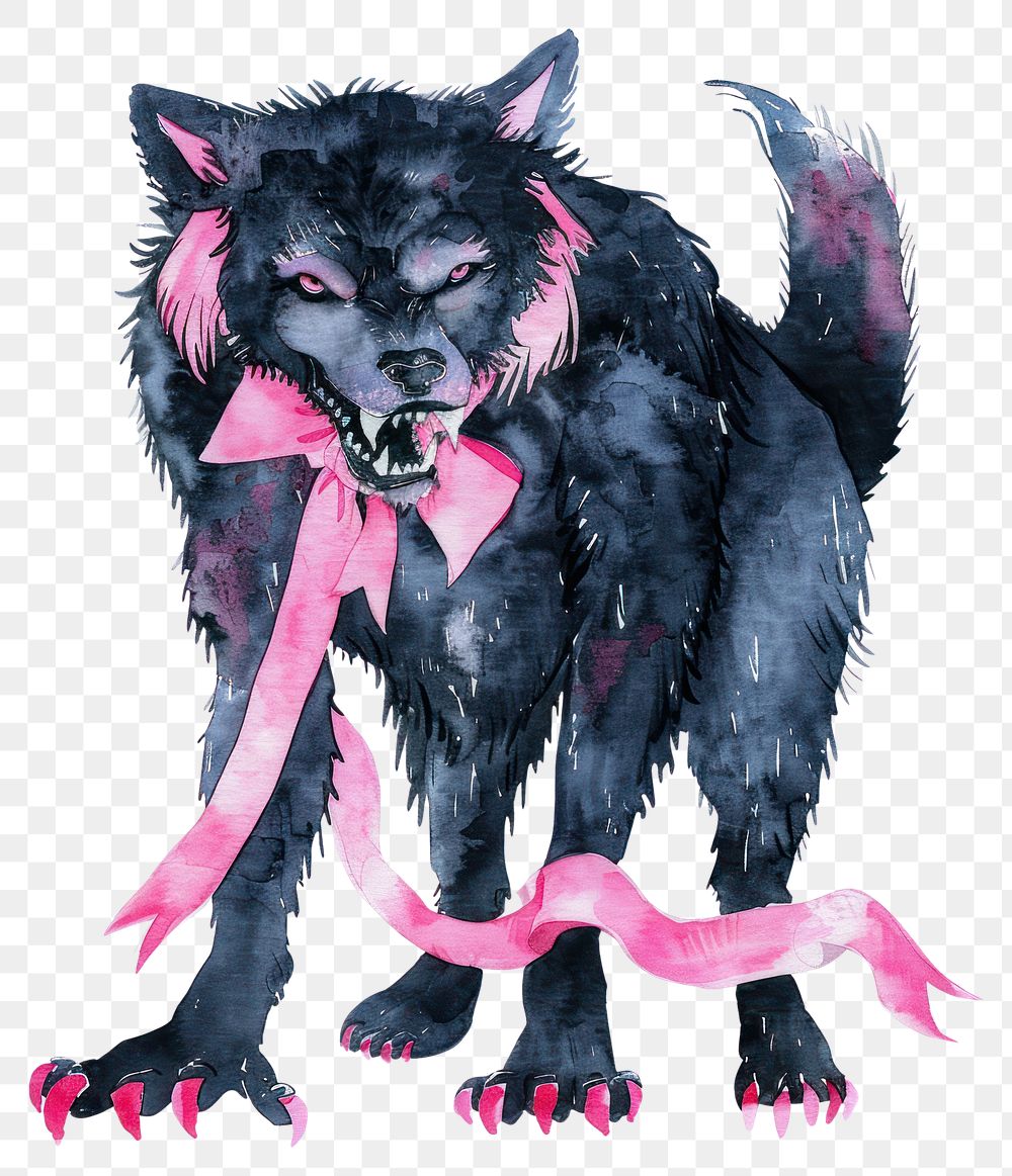 PNG Halloween black werewolf with pink ribbon on the neck illustration watercolor animal.