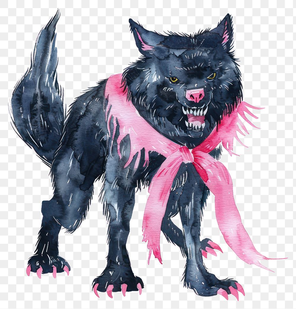 PNG Halloween black werewolf with pink ribbon on the neck art illustration watercolor.