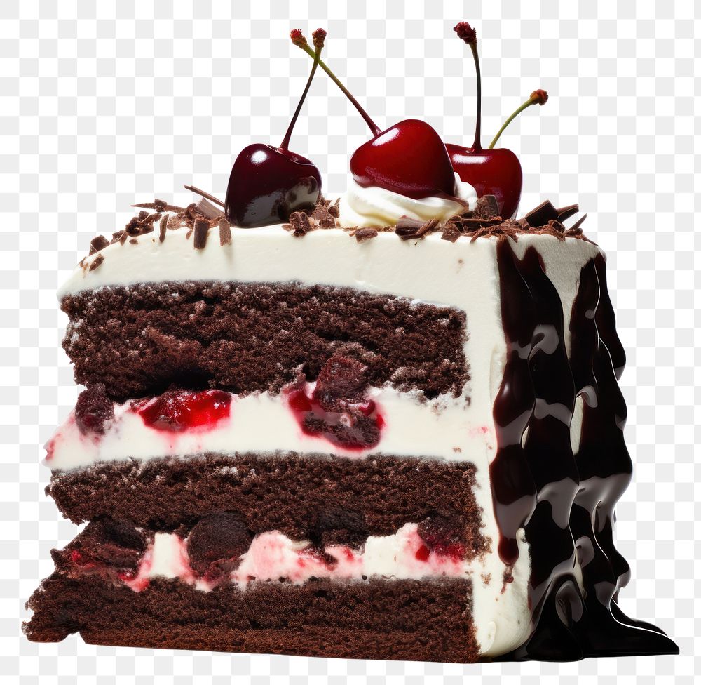 PNG Sliced black forest cake dessert cream fruit.