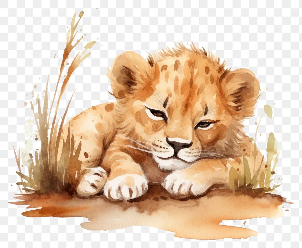 PNG Watercolor 2 baby lion sleeping animal wildlife cartoon.