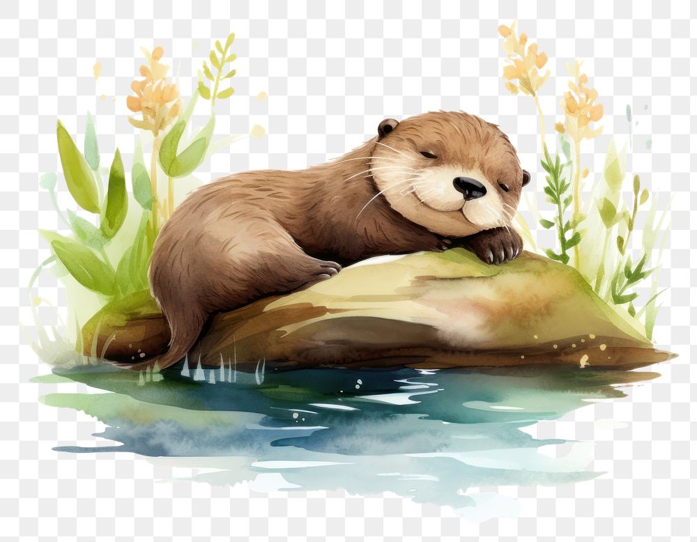 PNG Watercolor otter sleeping animal wildlife cartoon.