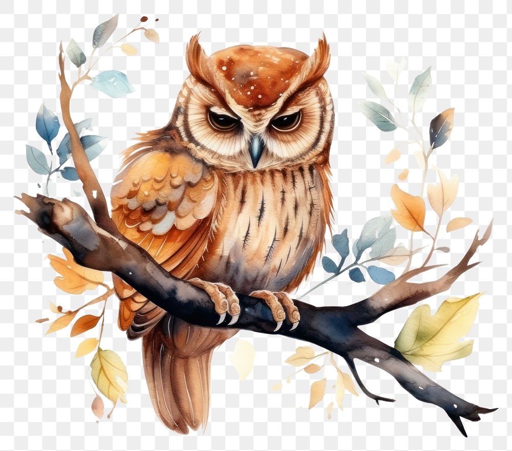 PNG Watercolor owl sleeping animal cartoon branch.