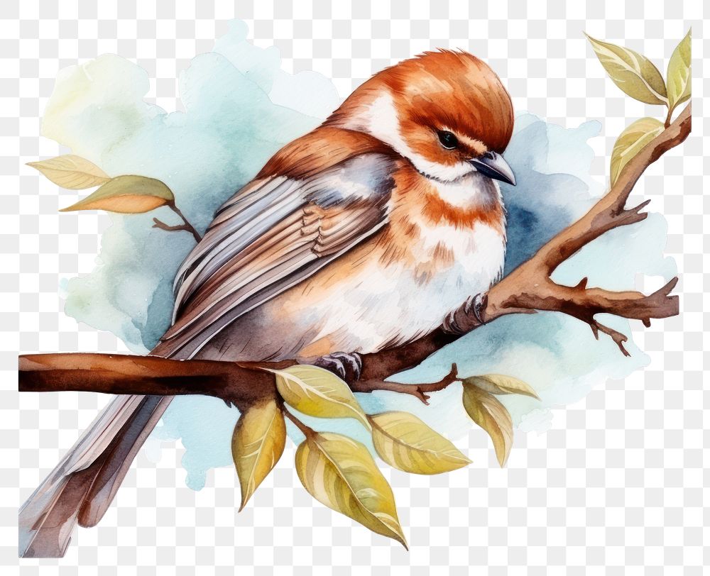 PNG Watercolor sparrow sleeping animal cartoon drawing.