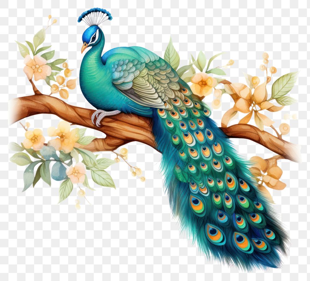 PNG Watercolor peacock sleeping animal cartoon bird.