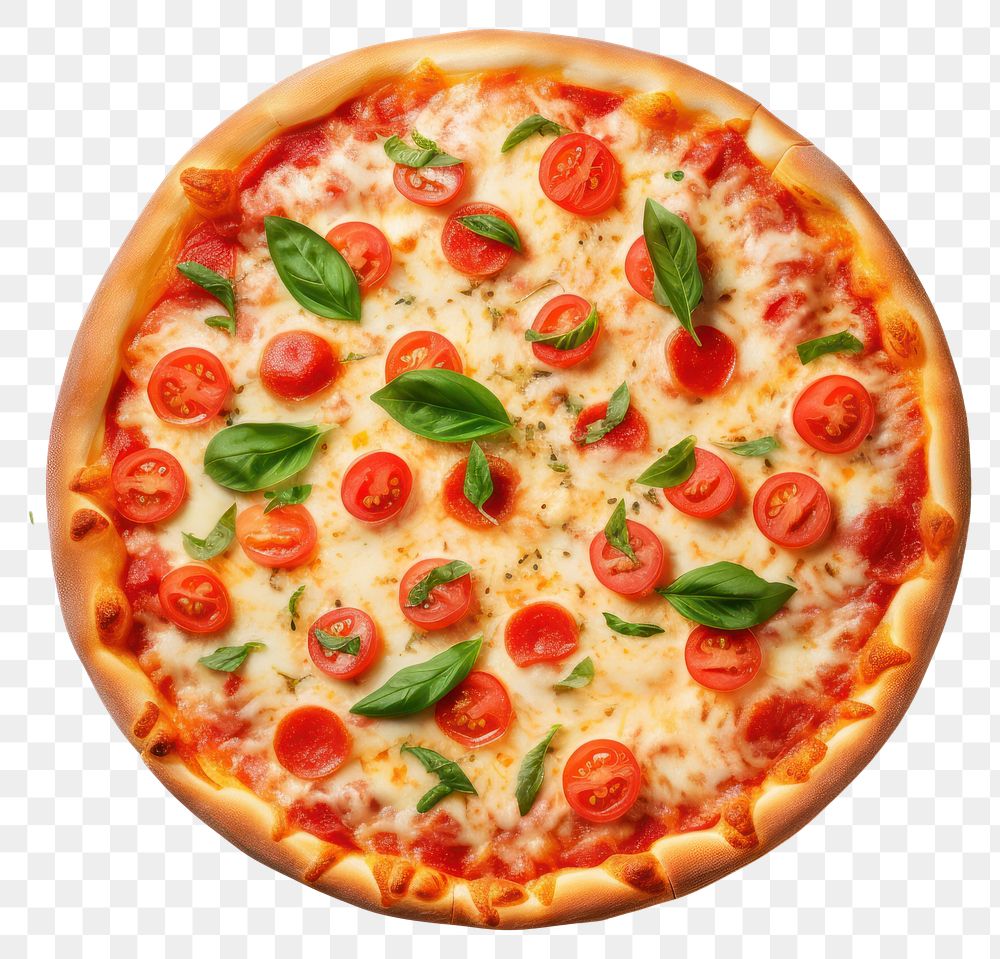 PNG Italian pizza with basil and tomato food white background mozzarella. 