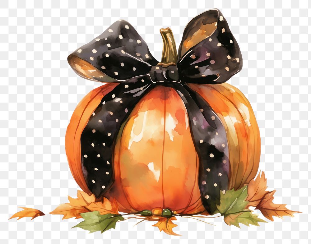 PNG Black and orange ribbon pumpkin halloween illustration watercolor bow.