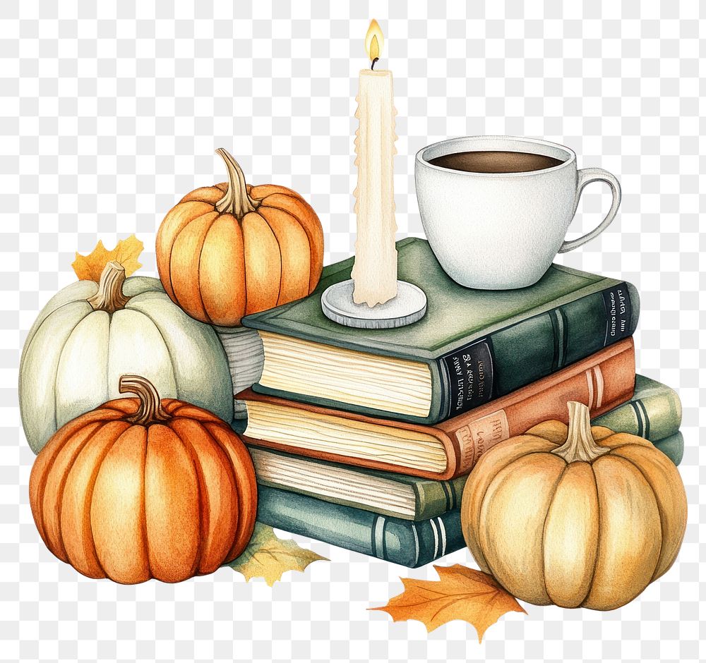 PNG 3 books in pile pumpkins coffee candle.