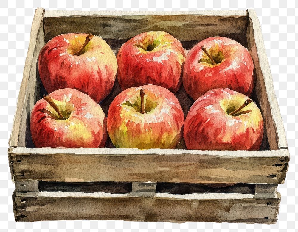 PNG Apples in a crate illustration watercolor produce.