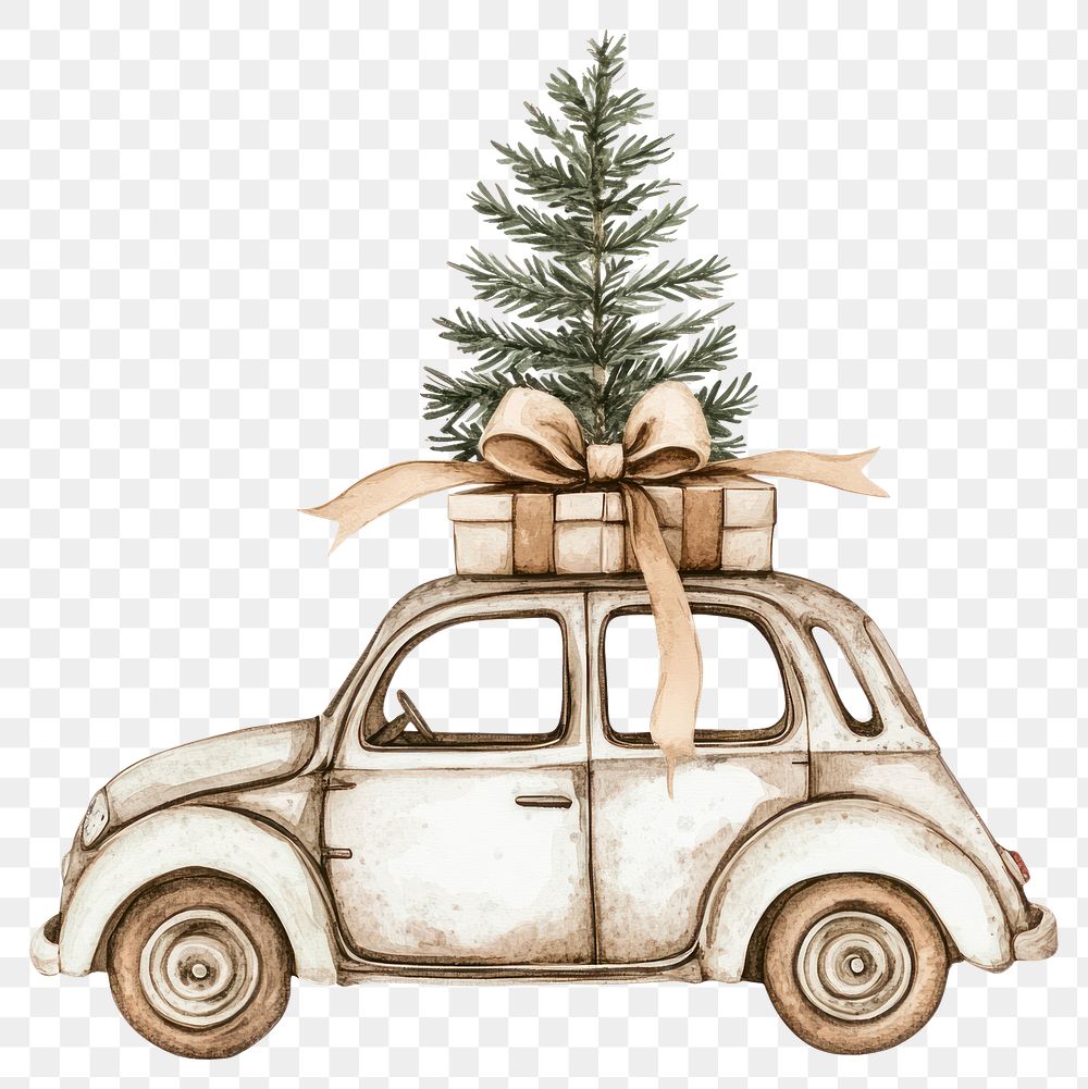 PNG Car with a Christmas tree on the roof christmas illustration watercolor.