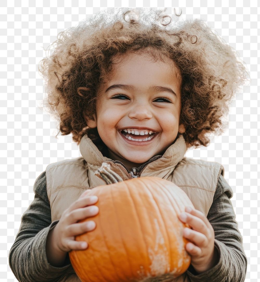 PNG Child holding pumpkins hair outdoors smiling.