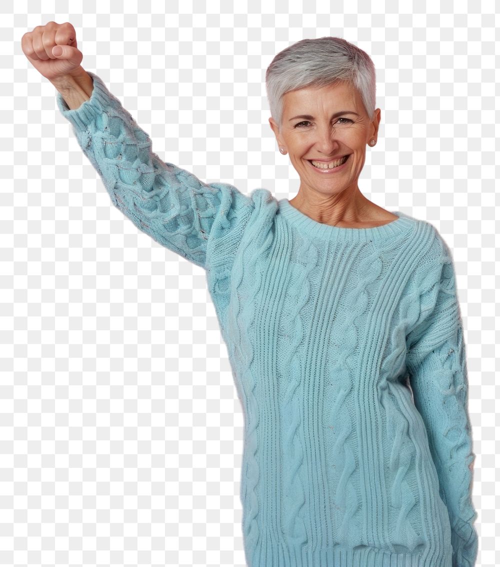 PNG A happy senior woman with short gray hair background sweater smiling.