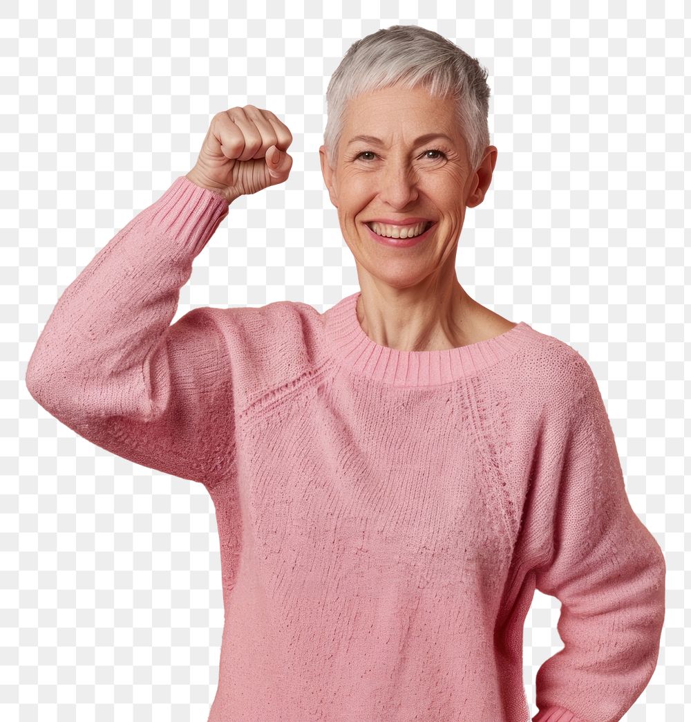 PNG A happy senior woman with short gray hair sweater background celebrating.