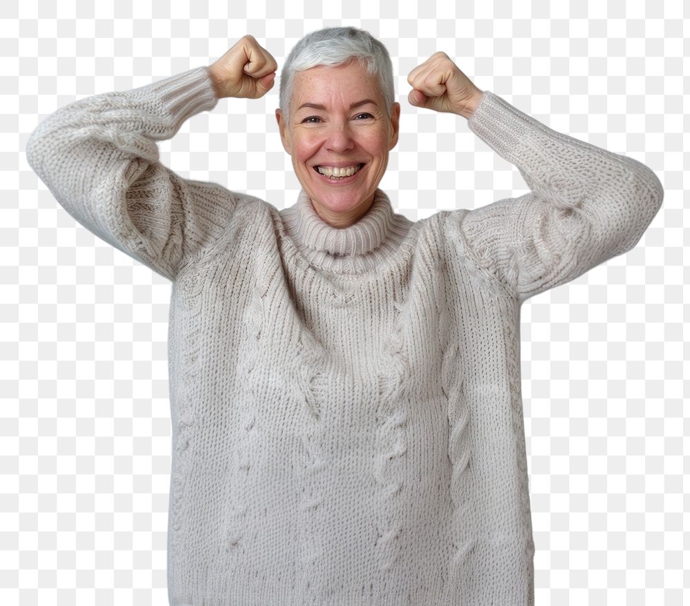 PNG A happy senior woman with short gray hair sweater background portrait.