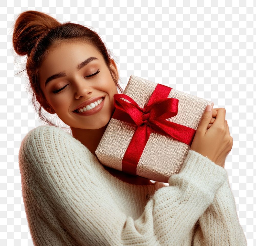 PNG A woman is hugging her Christmas present happy background sweater.