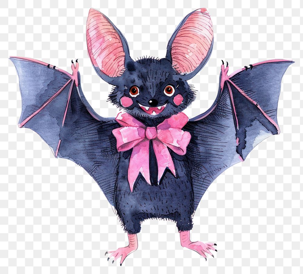 PNG Black bat with pink bow ribbon on the neck illustration watercolor halloween.