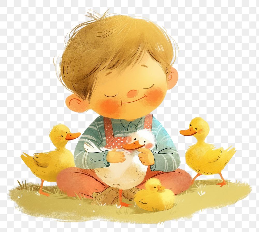 PNG A cute boy Feeding duck illustration animals pastel.