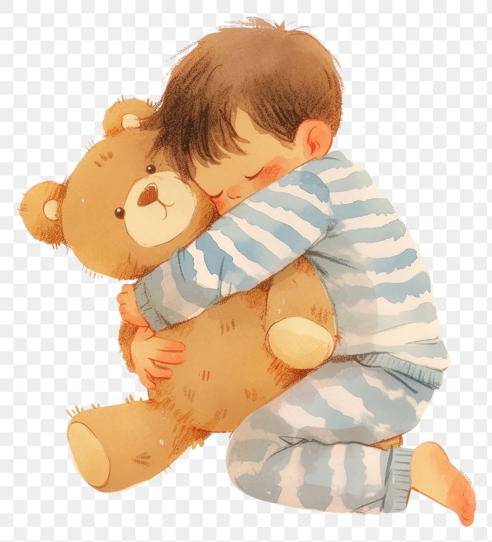 PNG A cute boy Hugging a teddy bear illustration hugging colors.