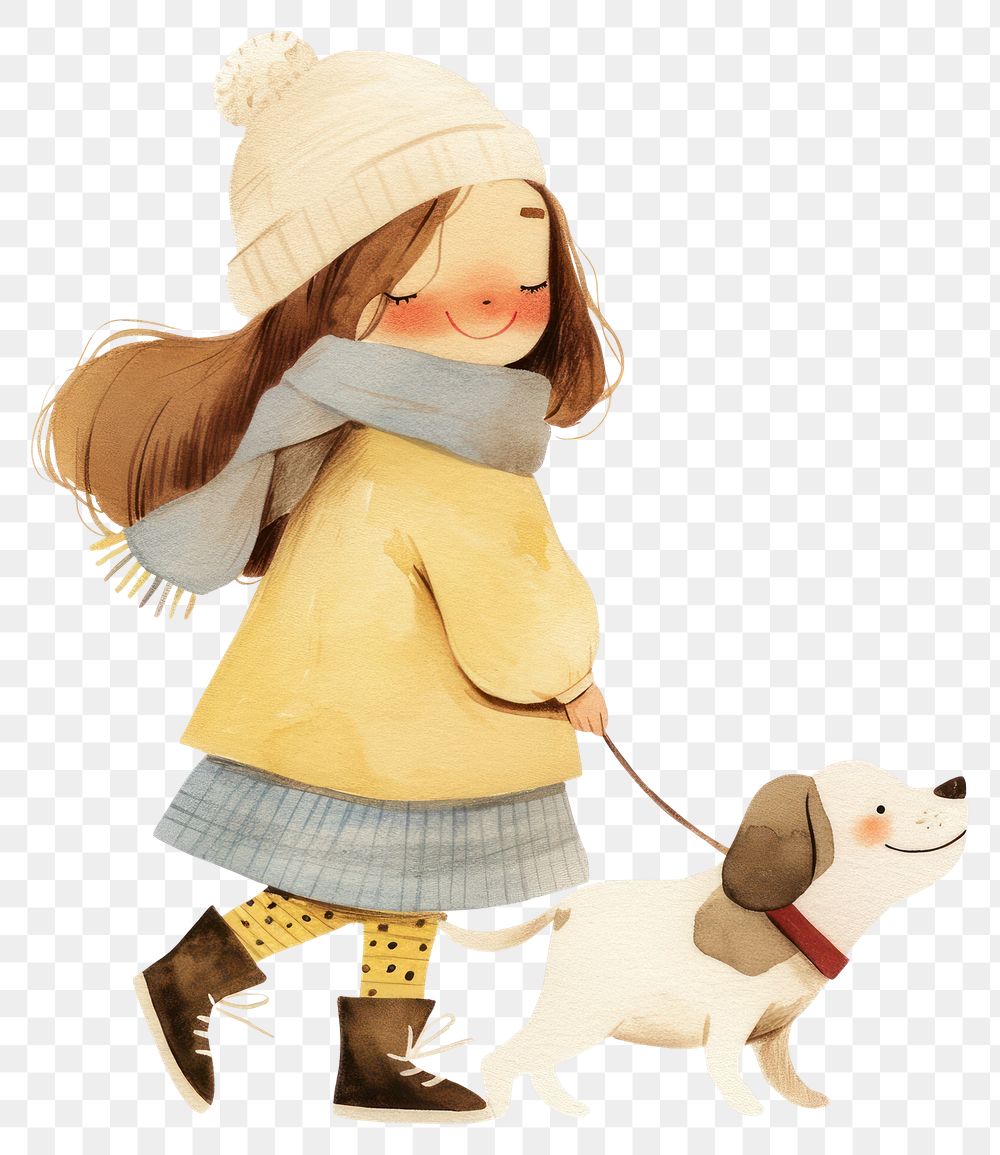 PNG A cute girl Walking a dog child illustration children's.