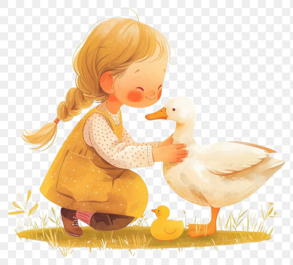 PNG A cute girl Feeding duck illustration children's colors.