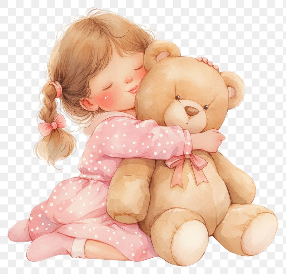 PNG A cute girl Hugging a teddy bear illustration children's pastel.