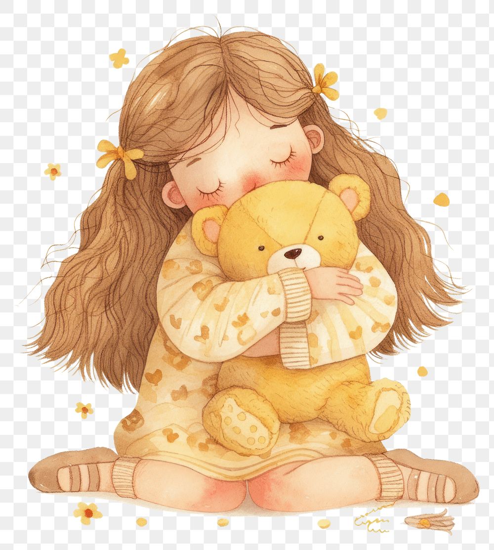 PNG A cute girl Hugging a teddy bear illustration children's hugging.