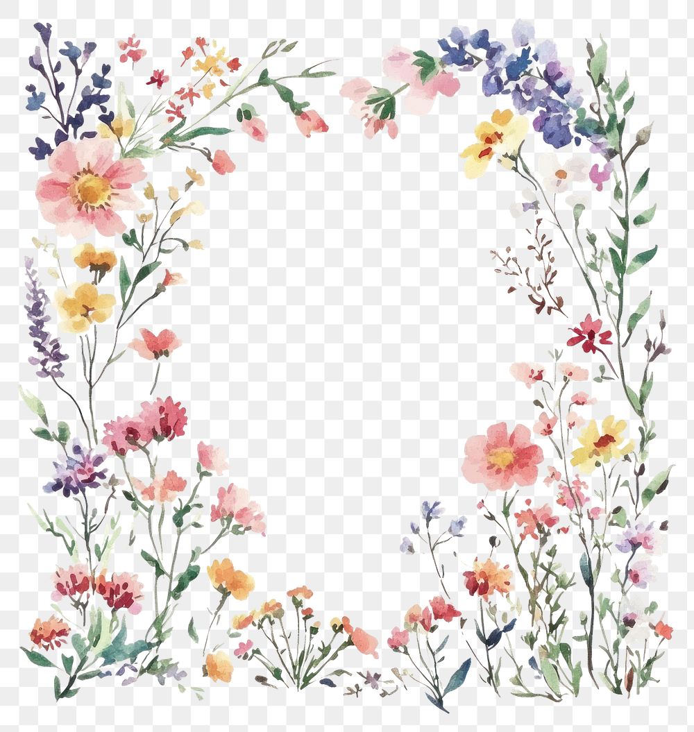 PNG Wild flowers square line frame art illustration watercolor.