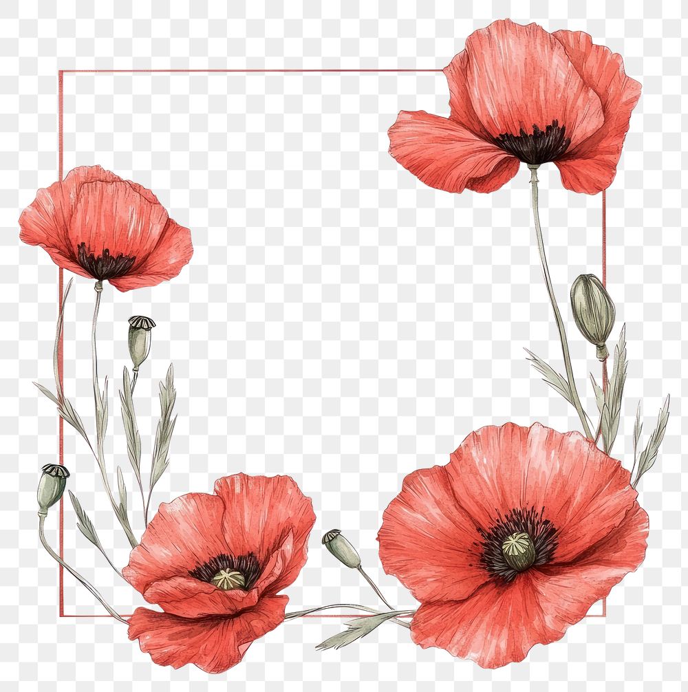 PNG Poppy flowers square line frame poppy illustration design.