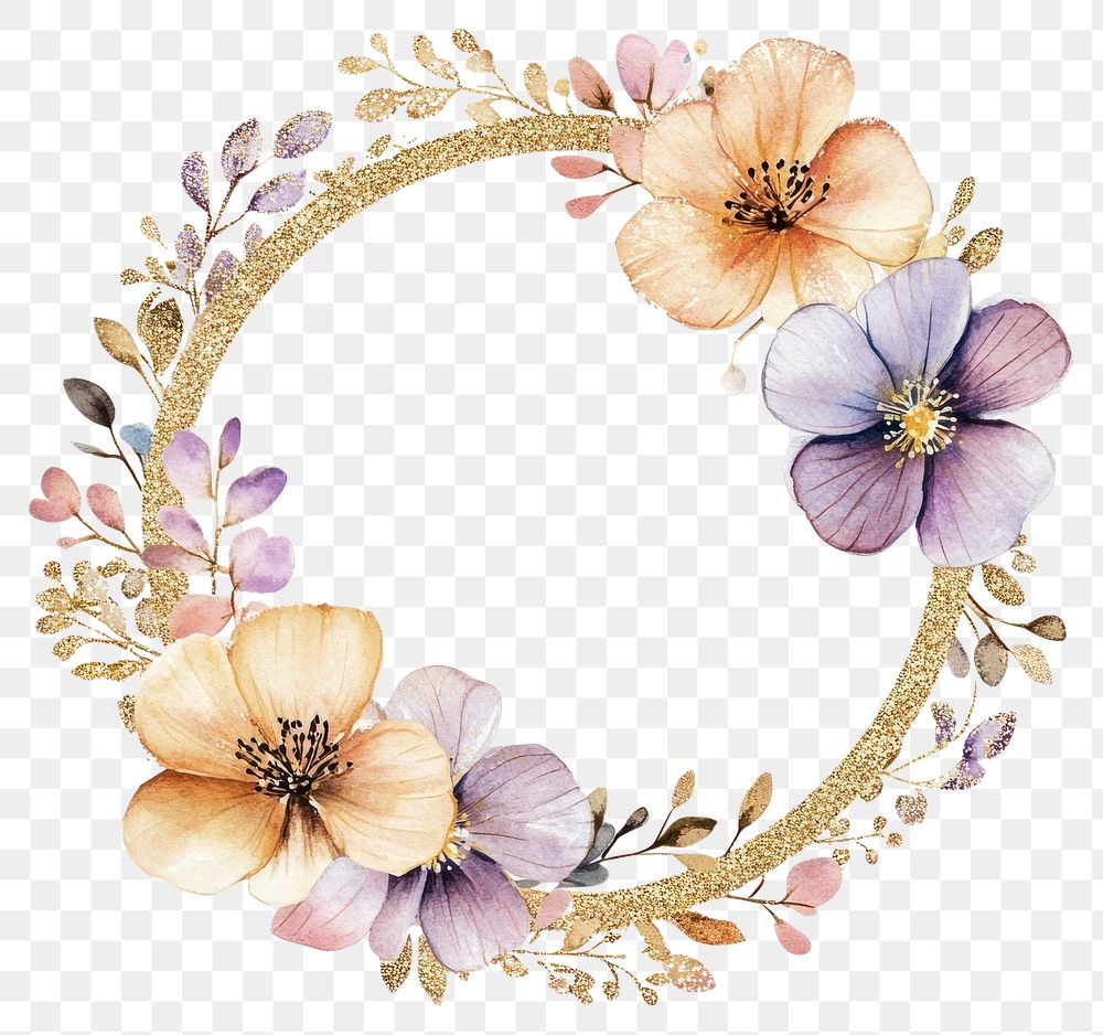 PNG Cool color flowers on gold glitter circle frame illustration watercolor elegant.