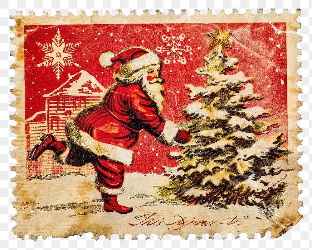 PNG Vintage postage stamp with Christmas christmas red illustration.