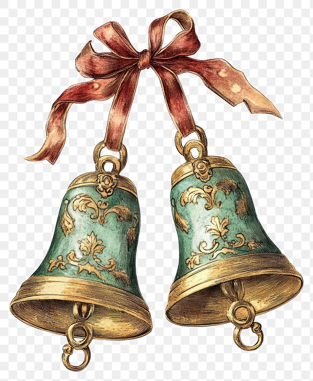 PNG 2 gold bell christmas bells illustration vintage.