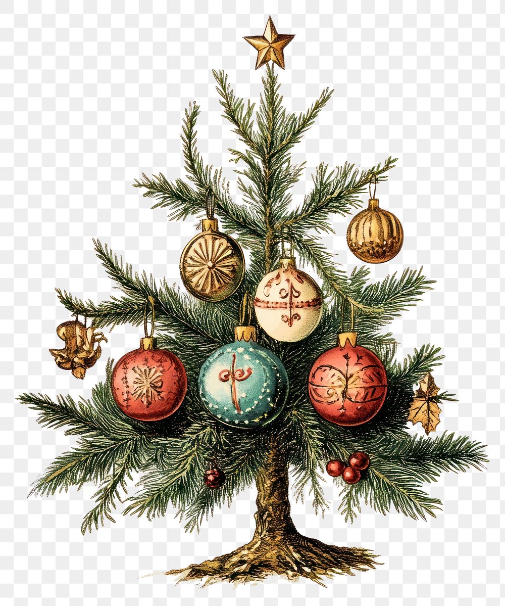 PNG Christmas tree decoration illustration vintage vintage illustration.