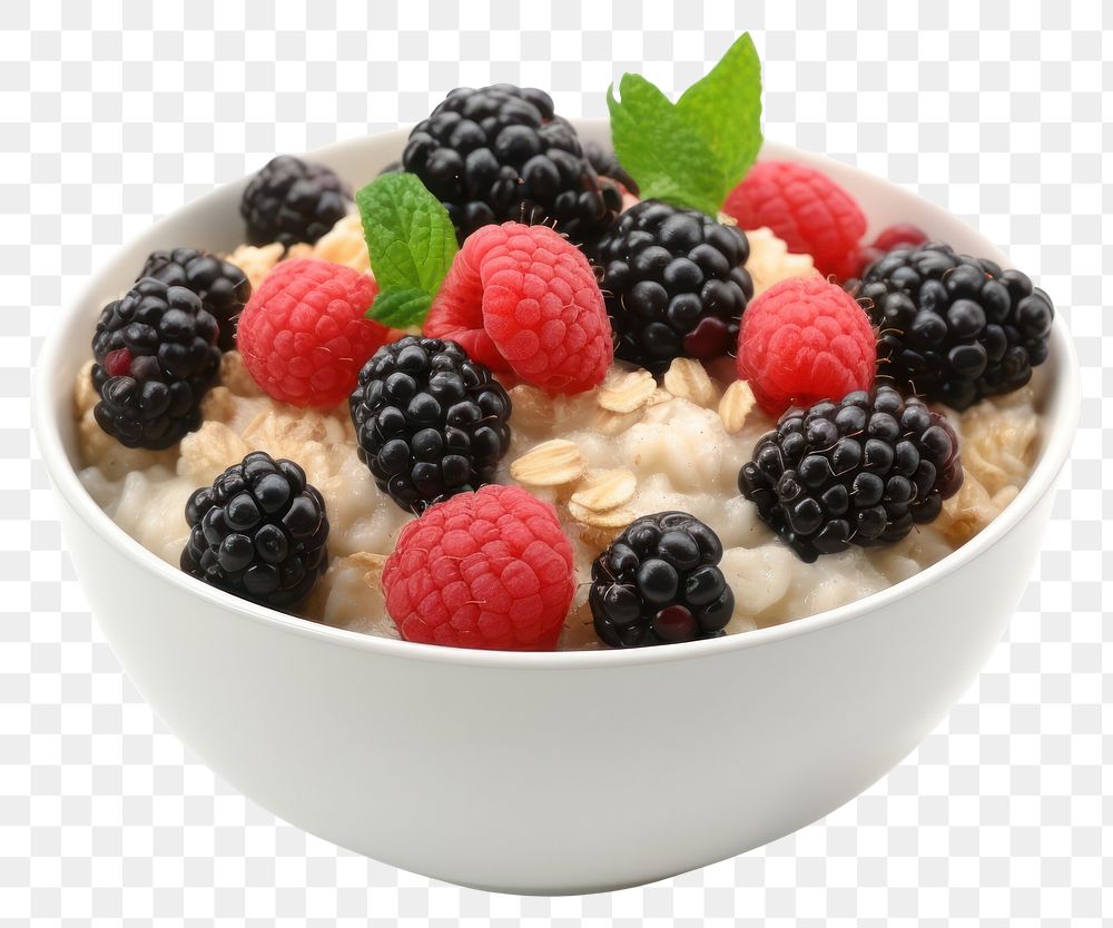 PNG Oatmeal porridge with mix-burry in bowl raspberry fruit plant.