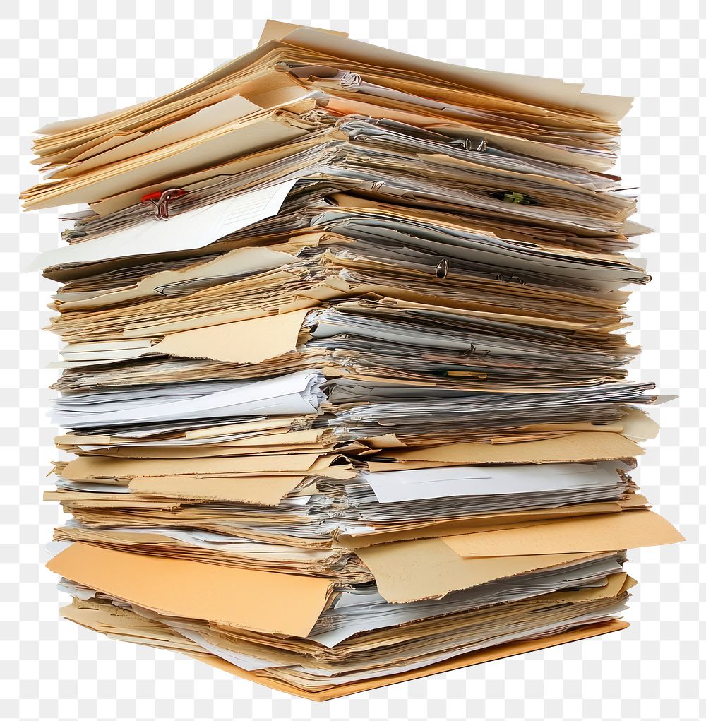 PNG Stack of papers and files documents administrative paperwork.